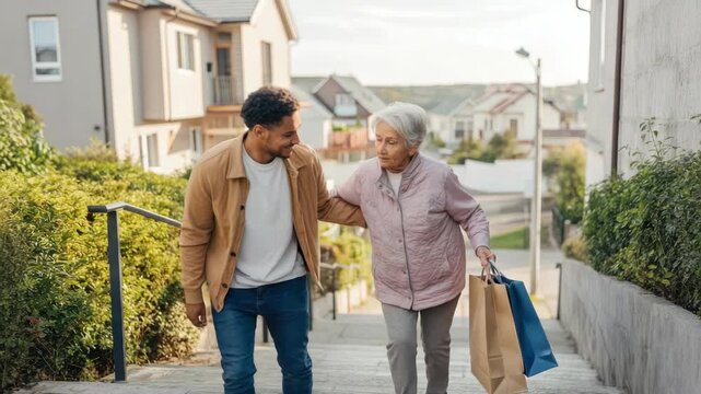 Young man assists elderly woman carrying shopping bags up outdoor steps