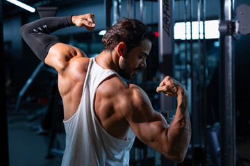 Back of caucasian muscular sport man with perfect abs and bicep muscle flexing at gym with dark background for exercise and workout in high contrast low key lighting set
