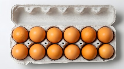Brown chicken eggs in carton box on white background.