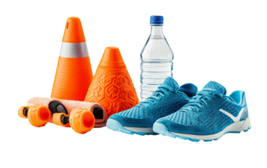 Soccer training shoes cones and towel stacked beside field highlighting team preparation and readiness isolated on transparent background PNG