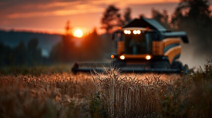 Fototapeta premium Combine harvester in a field of wheat at sunset.