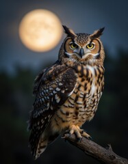 Obraz premium Majestic Owl Perched on a Branch Under a Full Moon