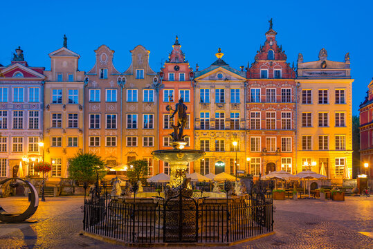 Neptune fountain during sunrise in Gdansk, Poland
