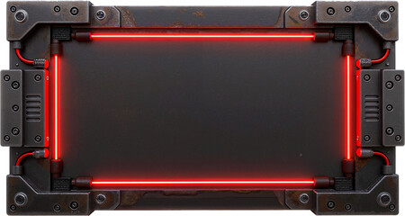 Metal Sign Cyberpunk neon panel with futuristic signage and red lighting Placa Metal Painel de neon cyberpunk com sinalização futurista e iluminação vermelha