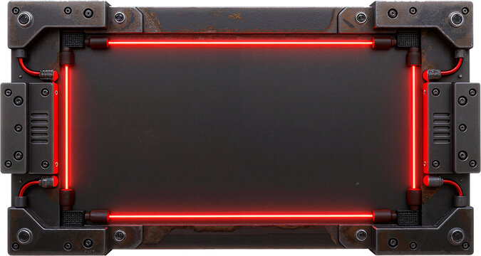 Metal Sign Cyberpunk neon panel with futuristic signage and red lighting Placa Metal Painel de neon cyberpunk com sinaliza&ccedil;&atilde;o futurista e ilumina&ccedil;&atilde;o vermelha