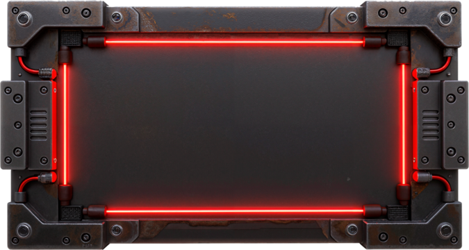 Metal Sign Cyberpunk neon panel with futuristic signage and red lighting Placa Metal Painel de neon cyberpunk com sinalização futurista e iluminação vermelha