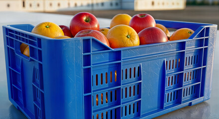Plastic Crate Filled with Fresh Apples and Oranges for Agricultural Transport