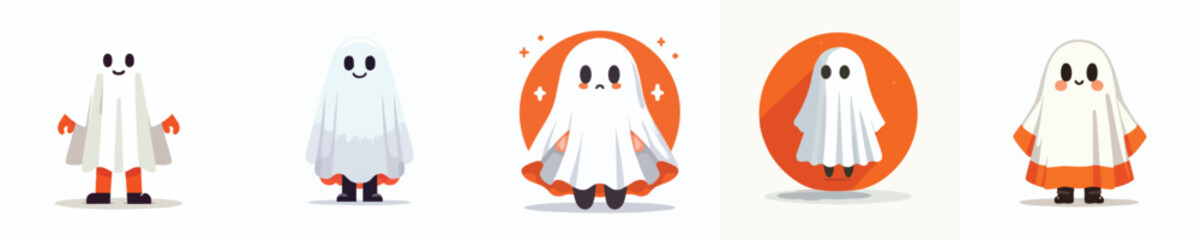 Cute Ghost Costume Kids Halloween Vector Set – Funny Cartoon Children Trick or Treat Illustration, Spooky and Adorable Character Design