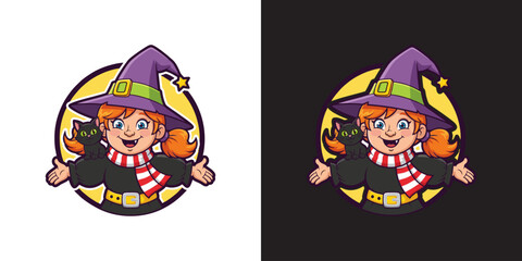 Witch and Her Cat Cartoon. Halloween Cartoon.