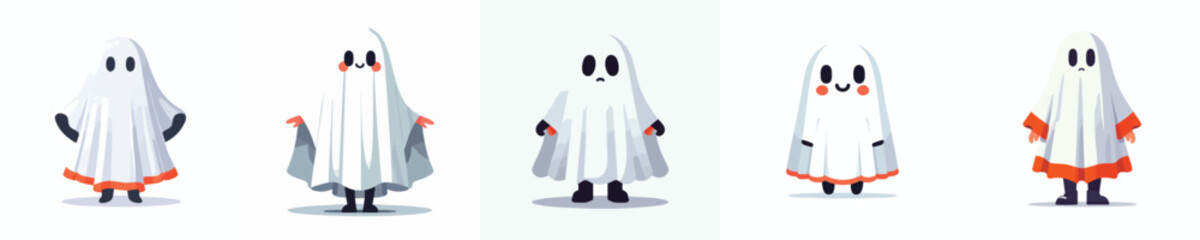 Cartoon Kids in Ghost Costume Halloween Vector Set – Cute Spooky Children Trick or Treat Illustration, Funny and Adorable Character Design
