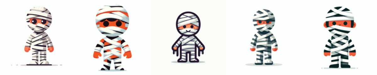 Cute Halloween Mummy Kids Vector – Adorable Children in White, Black, and Orange Bandage Costume Pack