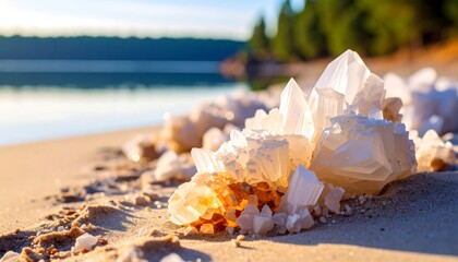 Sparkling, crystalline formations of salt crystals sit on a sandy shoreline, bathed in warm sunlight.