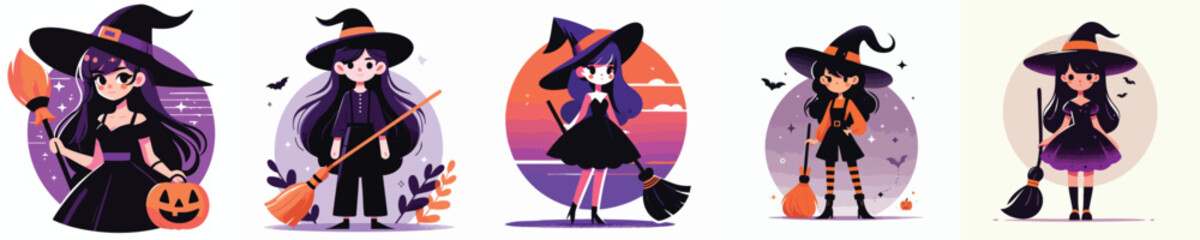 Halloween Witch and Wizard Vector Set – Cute Cartoon Characters with Broom, Hat, Pumpkin, Costume Illustration