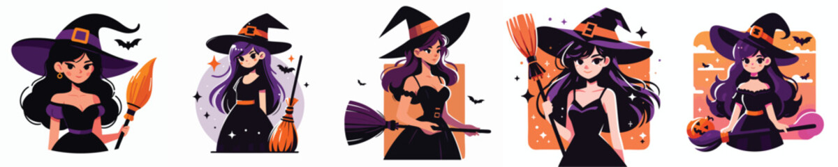 Halloween Witch Girl Vector Collection – Cute Cartoon Young Witches with Magic Broom, Pumpkin, Bat and Costume Illustration