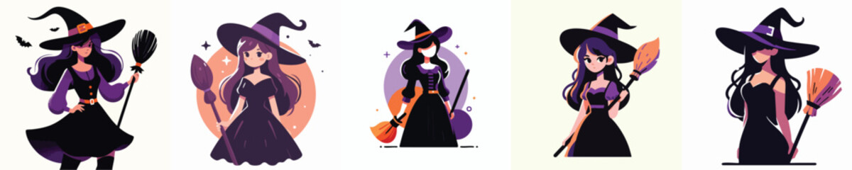 Cute Halloween Witch Girl Vector Pack – Cartoon Young Witches with Broom, Magic Hat, Costume and Bat Illustration