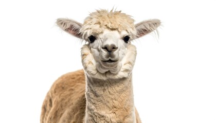 Fototapeta premium Close-up of a charming alpaca, displaying its soft, light beige and white fleece against a pure white background.