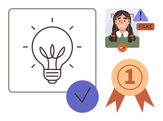 Fototapeta premium Light bulb representing ideas, verified checkmark, medal for achievement, and fake notification icon. Ideal for creativity, innovation, verification, authenticity, digital ethics reward systems