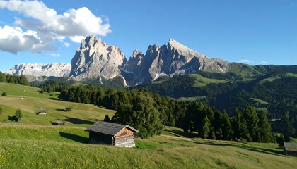 A picturesque alpine valley unfolds beneath towering, snow-capped peaks, showcasing traditional wooden cabins nestled amongst lush greenery.