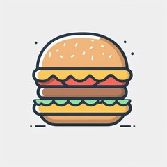Stylized vector icon illustration of a classic double cheeseburger with a sesame seed bun and fresh toppings. Simple flat line art design for fast food menu concepts