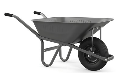 A gray wheelbarrow with a single black wheel and black handles, isolated on a white background.