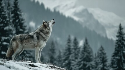 Obraz premium Wolf stands howling on snowy ground with evergreen trees and mountain backdrop.
