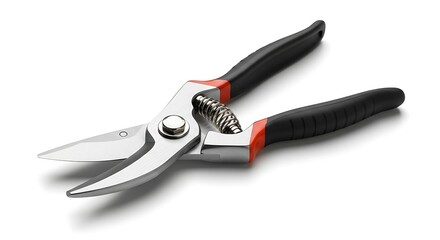 Obraz premium A pair of sharp, heavy-duty garden shears with black and orange handles, isolated on a white background.