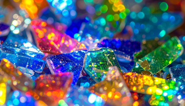 A vibrant macro abstract close-up of shattered colored glass shards creating a beautiful sparkling kaleidoscopic pattern