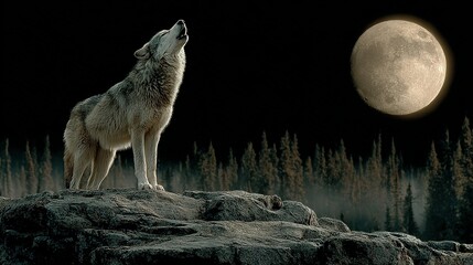 Naklejka premium Wolf howls at the moon standing on rocks with dark forest background.
