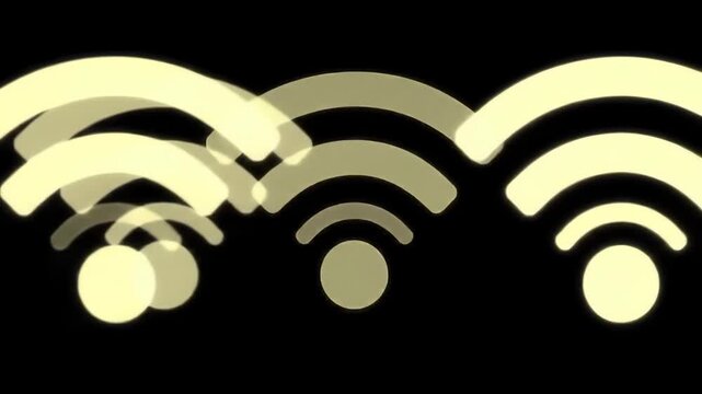 Abstract representation of multiple glowing wireless internet network symbols, illustrating seamless digital connectivity and the ubiquity of modern technology in a dynamic visual