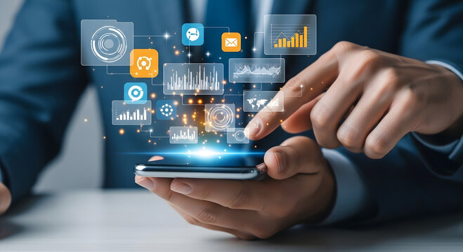 Businessman interacting with futuristic digital interface on mobile device