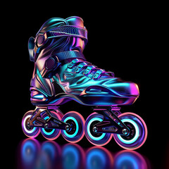 Futuristic inline skates with neon glowing wheels on a dark background