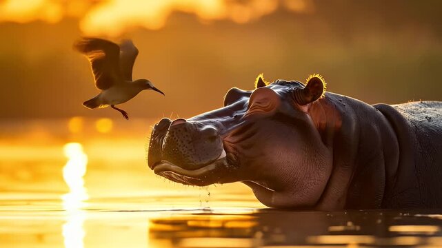 Hippopotamus and Bird at Sunset in African Water