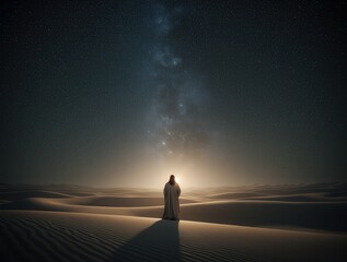 Prophet standing in the desert looking at the milky way during the night