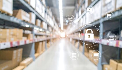Warehouse interior, security icons overlaid