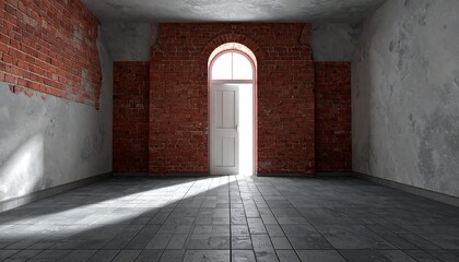 Fototapeta premium A spacious interior room, featuring a bright archway doorway and exposed brick walls, bathed in natural light.