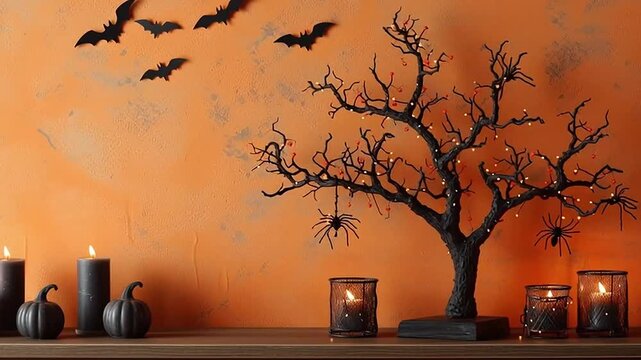 Festive indoor Halloween holiday display with a stylized black haunted tree adorned with string lights