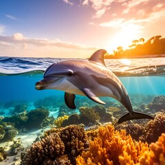 Majestic dolphin swims over coral reef at sunset