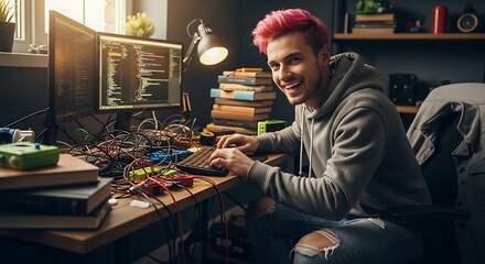 Young man with pink hair coding at a messy desk with computer.
