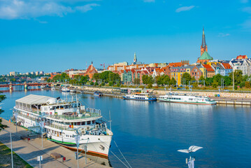 Sunrise view of waterfront of west oder river in szczecin, Polan