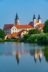 Fototapeta premium Reflection of Telc castle in Czech republic