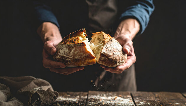 Rustic bread loaf being broken by hands over wooden table with flour dust, creating warm and inviting atmosphere of homemade baking and fresh artisan bread