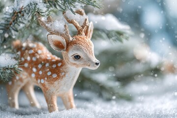 Cute Christmas reindeer toy with snowy pine branches and bokeh lights