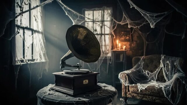 Dusty phonograph in a web-covered room with lit candles