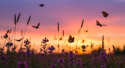 Sunset silhouettes of butterflies over wildflowers.