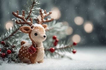 Cute Christmas reindeer toy with snowy pine branches and bokeh lights