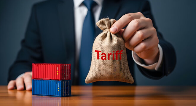 Eksekutif bisnis memegang kantong uang tarif di dekat kontainer kargo - Business executive holding tariff money bag near cargo containers