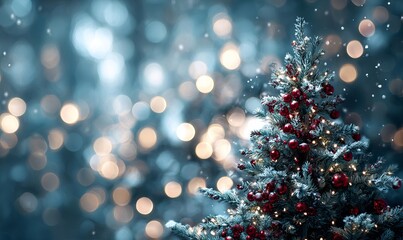 Snow covered Christmas tree with festive lights and red berries