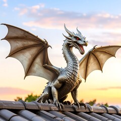 Majestic dragon perched on a rooftop at sunset