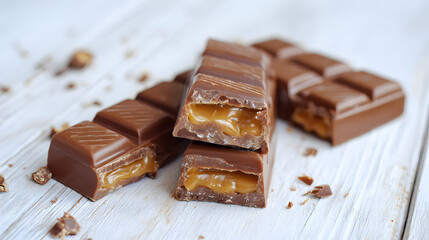 Ultra-realistic photography of a chocolate bar with caramel center, cut into sections, on isolated white wood