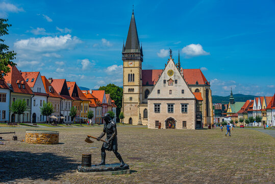 Main square and statue of the executioner in Bardejov, Slovakia